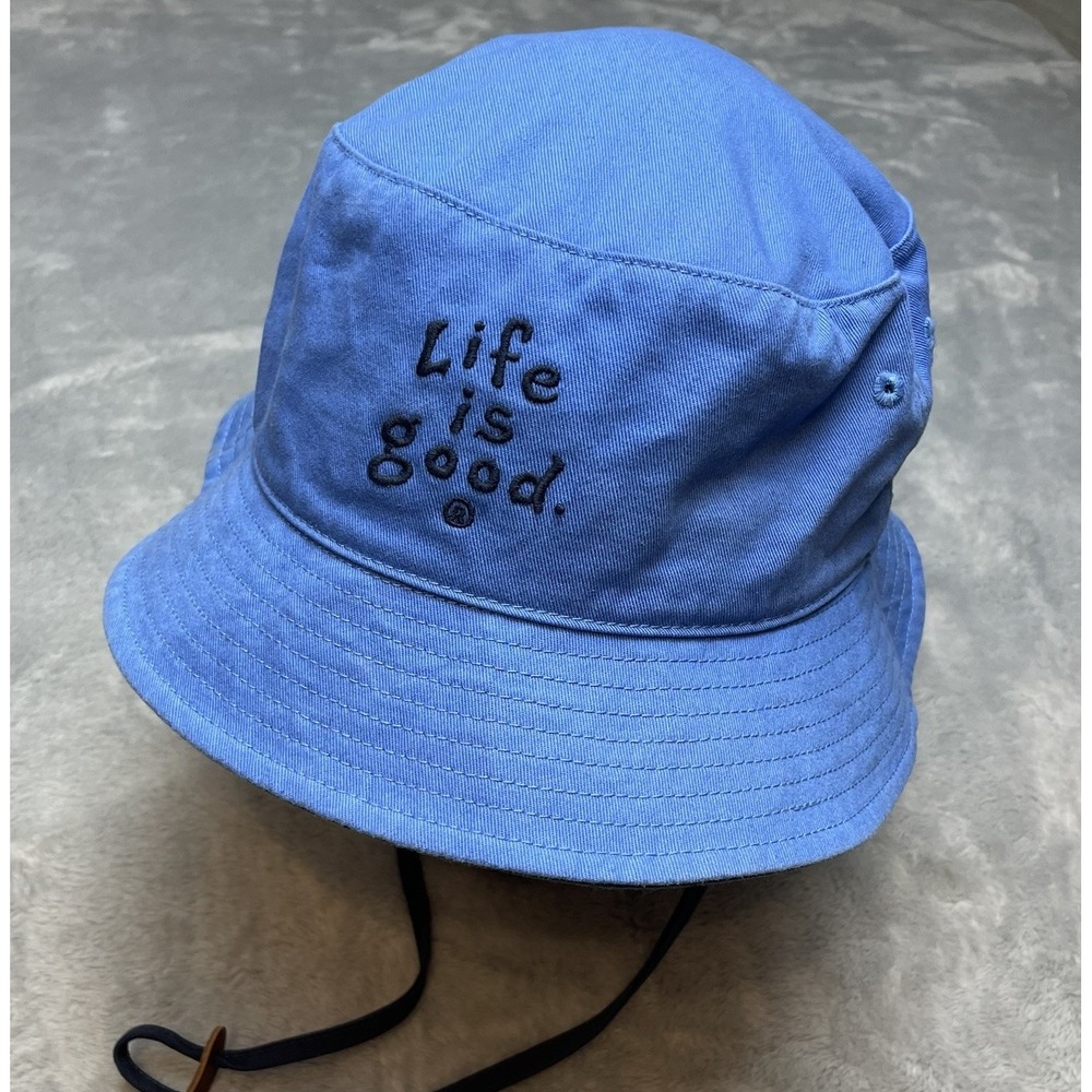 Life‎ Is Good Bucket Hat Cap One Size Blue Cotton Chin Strap Beach Kayak Hiking